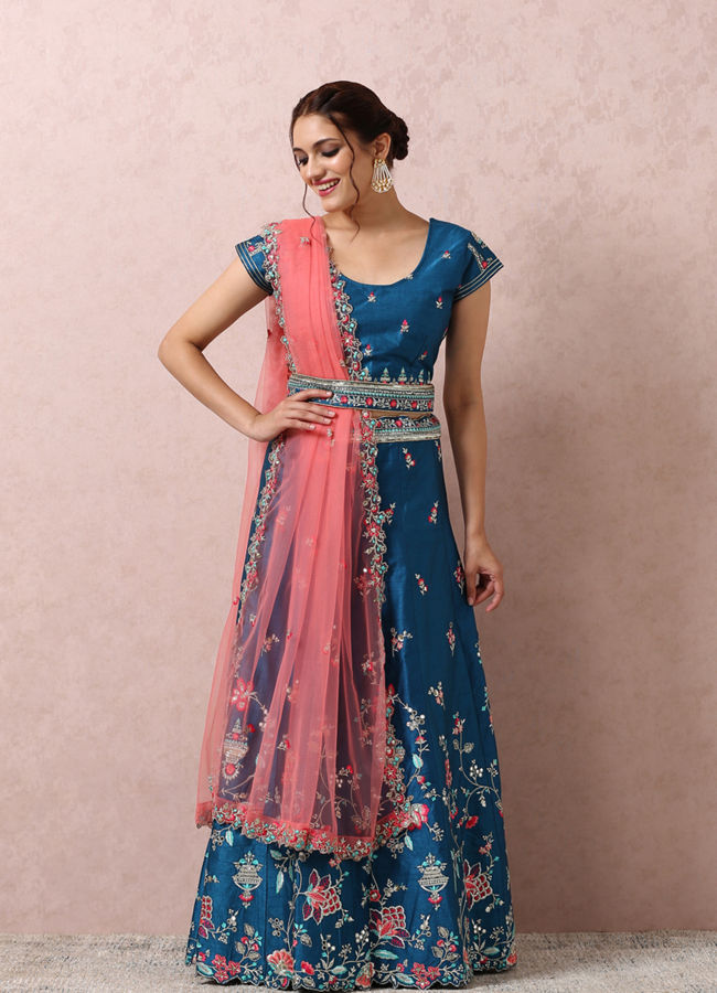 Mohey Women Teal Blue Embroidered Lehenga