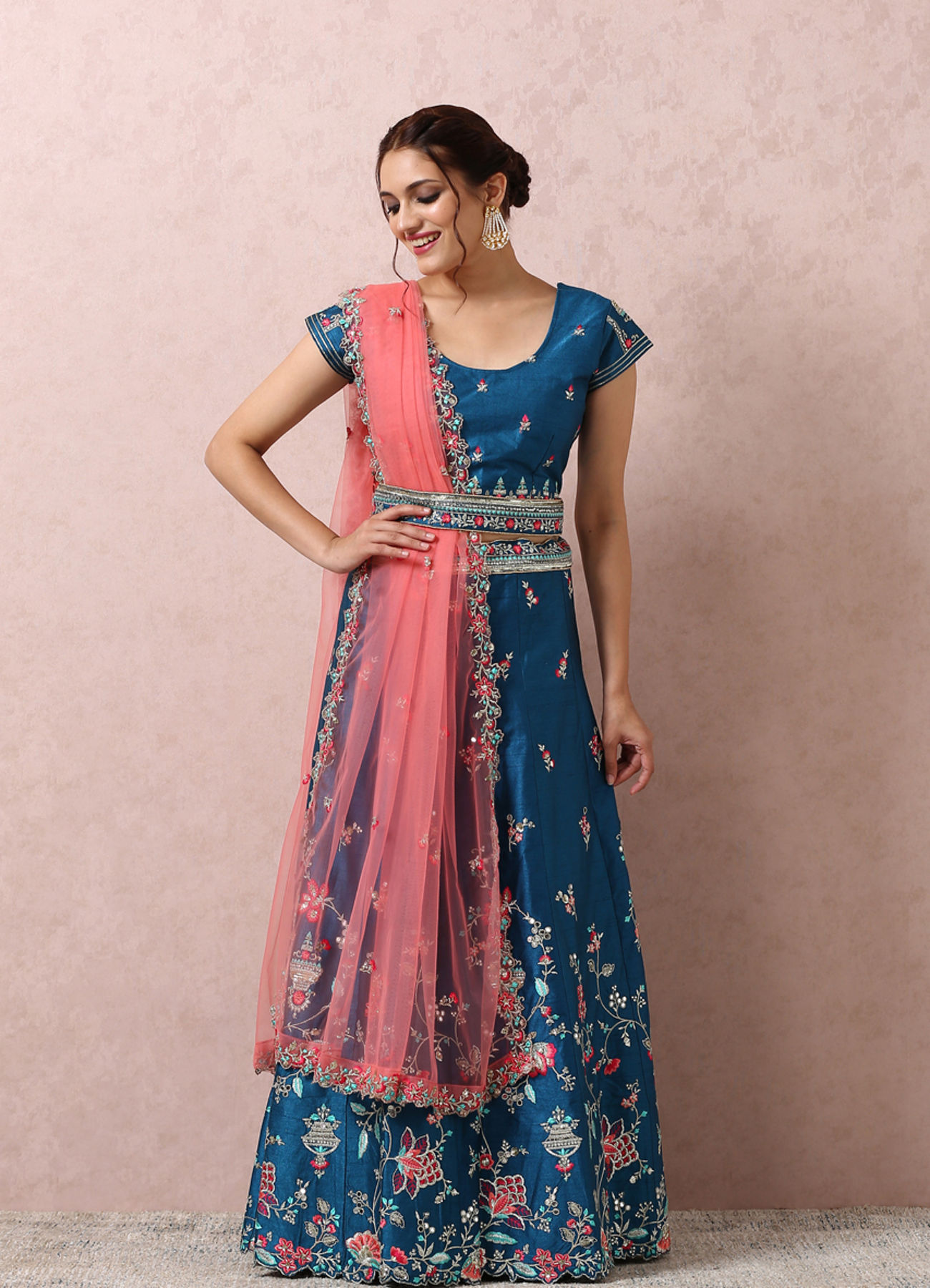 Mohey Women Teal Blue Embroidered Lehenga