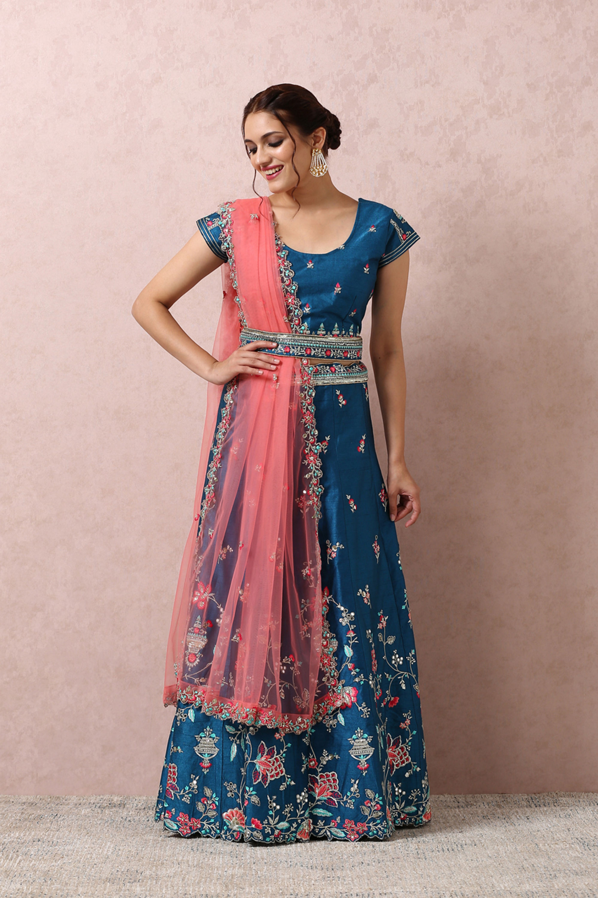 Mohey Women Teal Blue Embroidered Lehenga