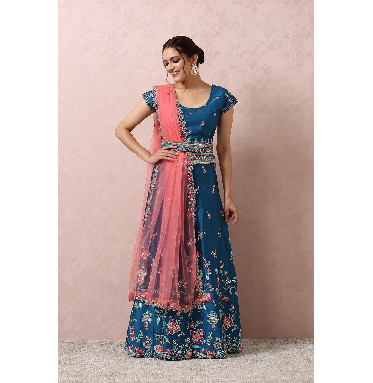 Mohey Women Teal Blue Embroidered Lehenga
