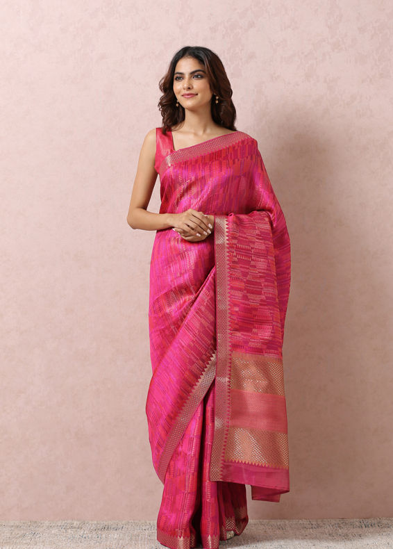 Mohey Women Rani Pink Saree With Golden Border