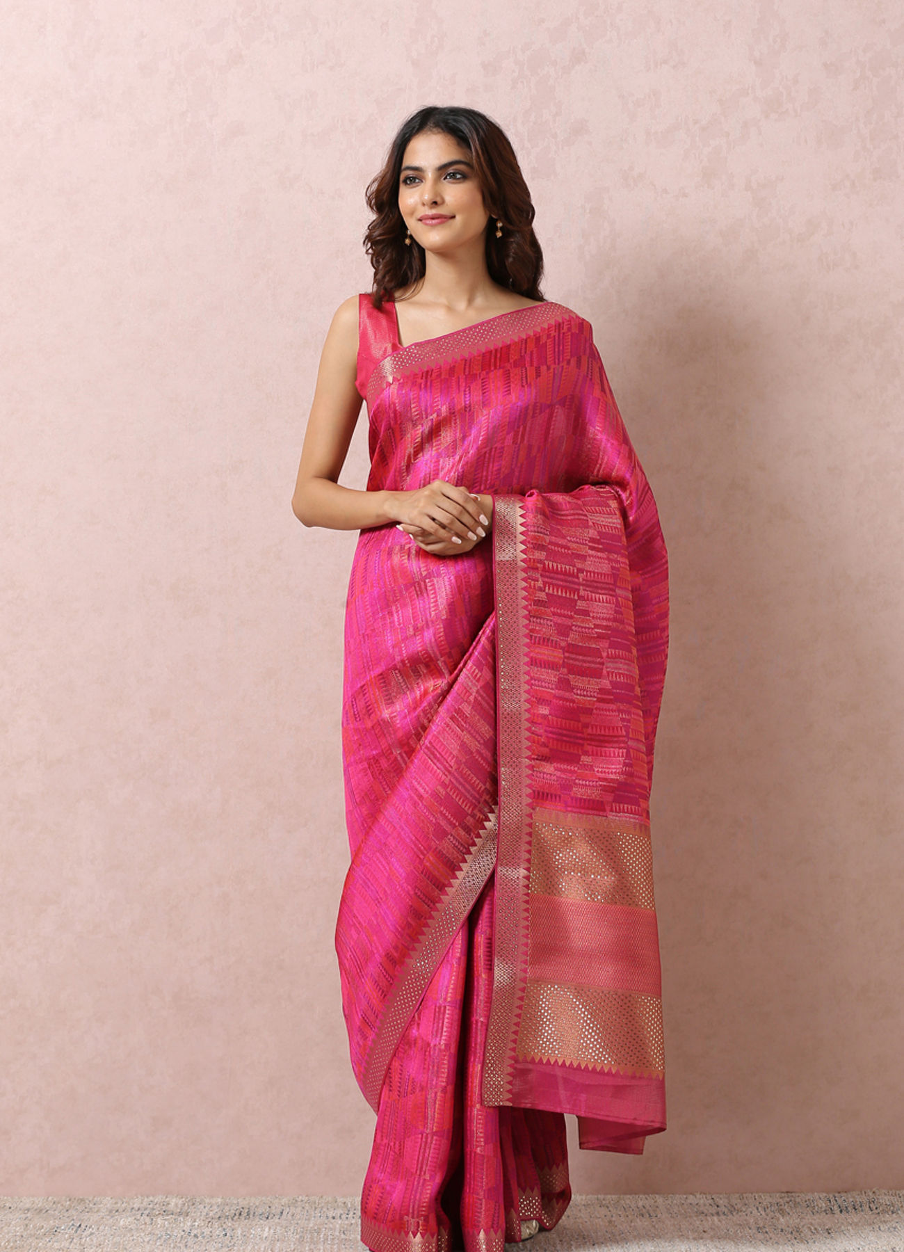 Mohey Women Rani Pink Saree With Golden Border