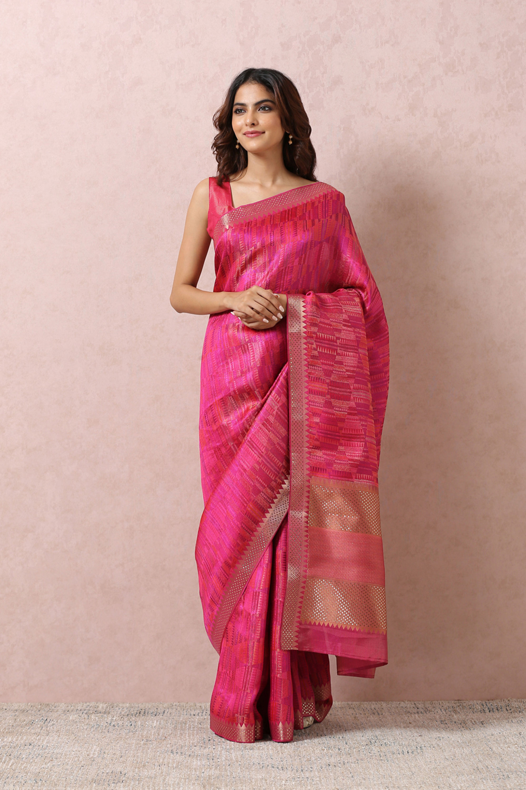 Mohey Women Rani Pink Saree With Golden Border