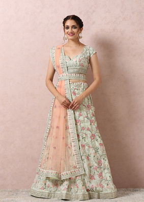 Mohey Women Pista Green Bridal Floral Lehenga