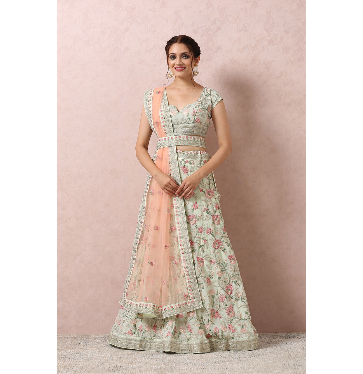 alt message - Mohey Women Pista Green Bridal Floral Lehenga image number 0