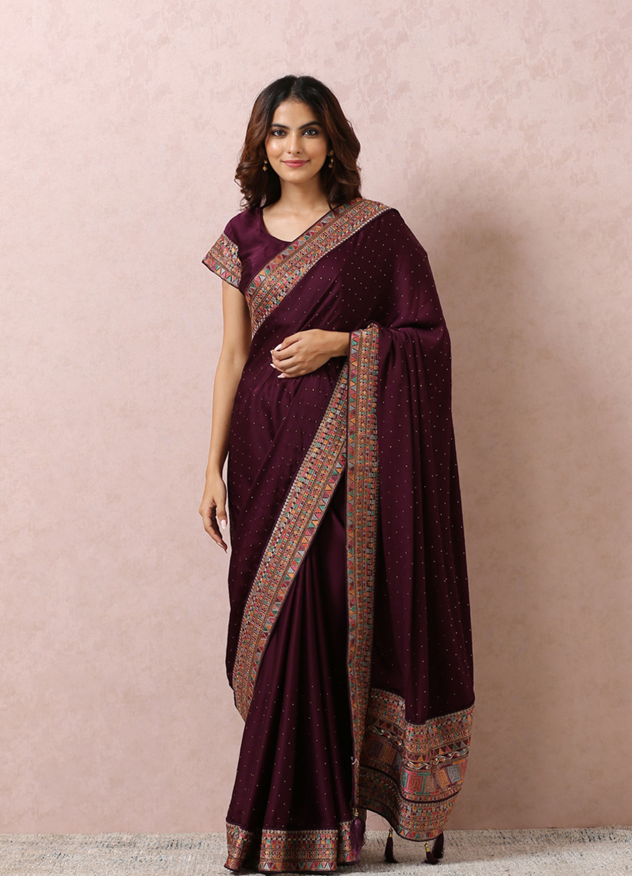 Mohey Women Wine Satin Saree With Multicoloured Border