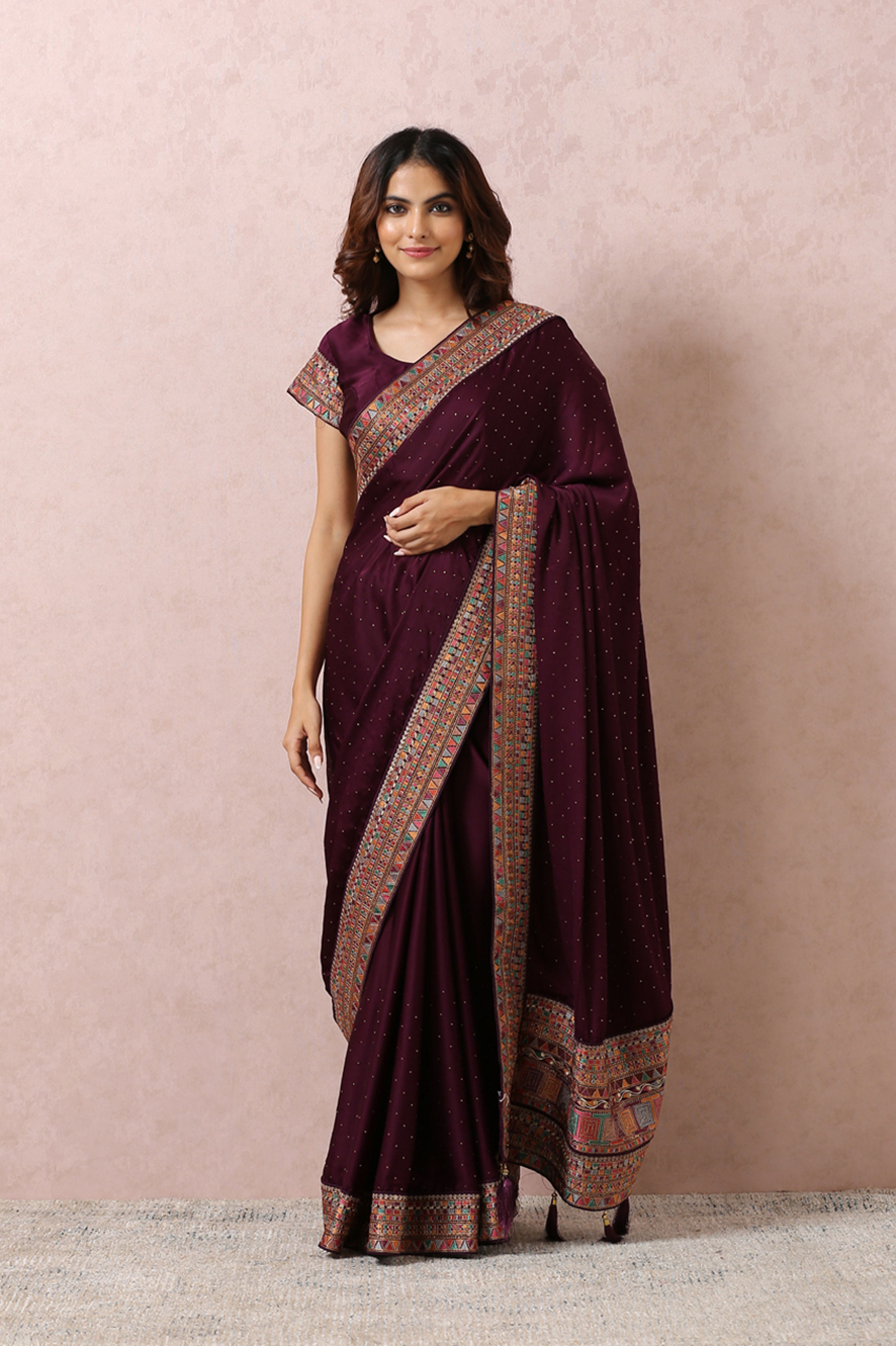 Mohey Women Wine Satin Saree With Multicoloured Border