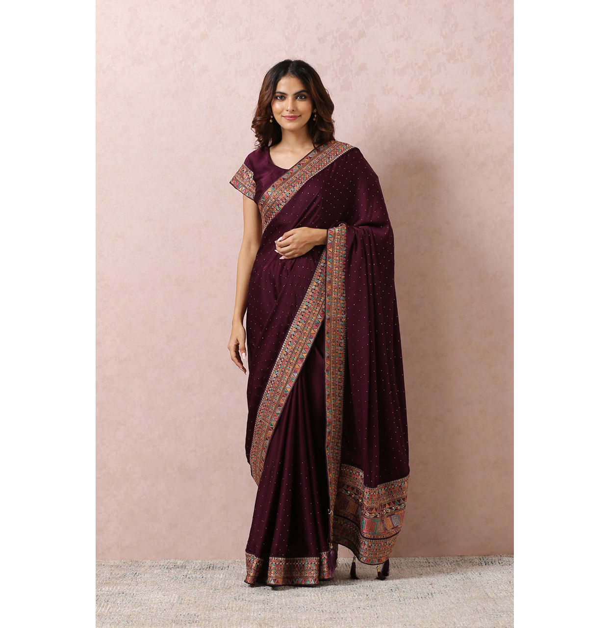 Mohey Women Wine Satin Saree With Multicoloured Border