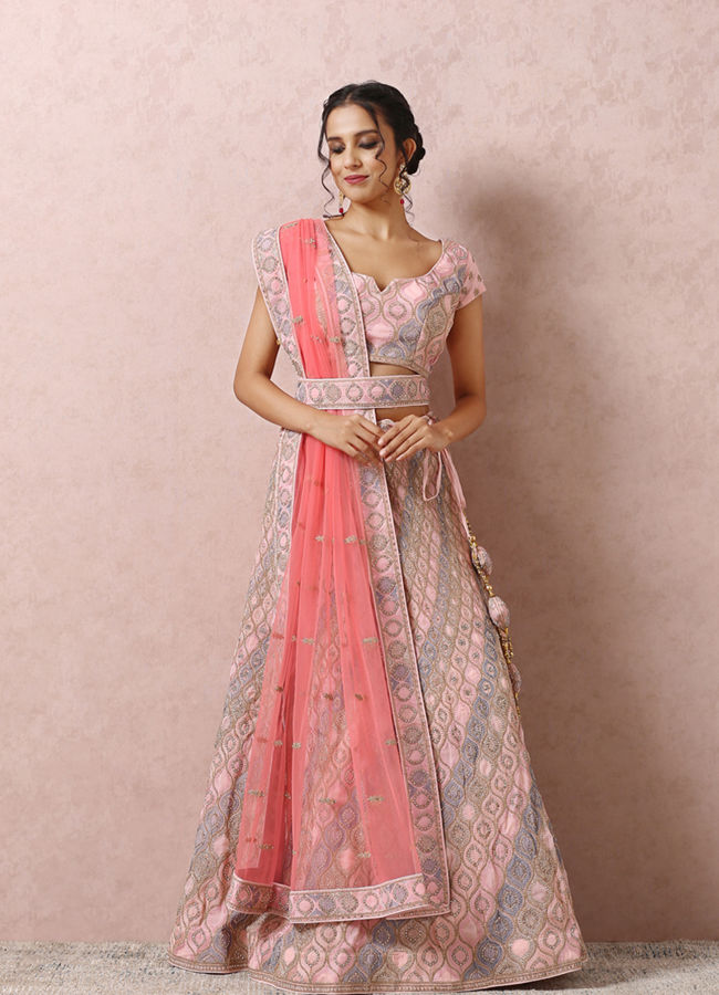 alt message - Mohey Women Light Pink Embellished Lehenga image number 0