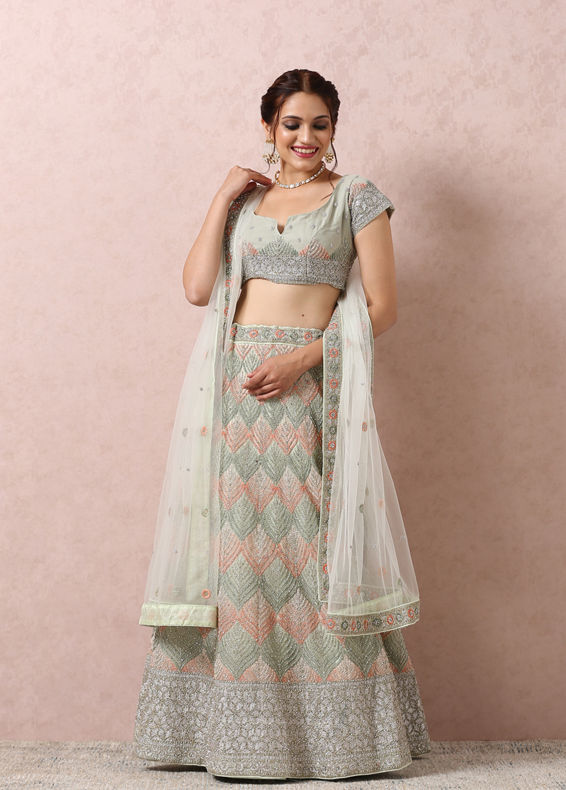 Mohey Women Light Pista Embellished Bridal Lehenga