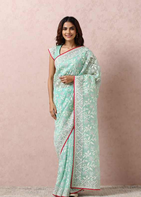 Mohey Women Sea Green Embroidered Saree