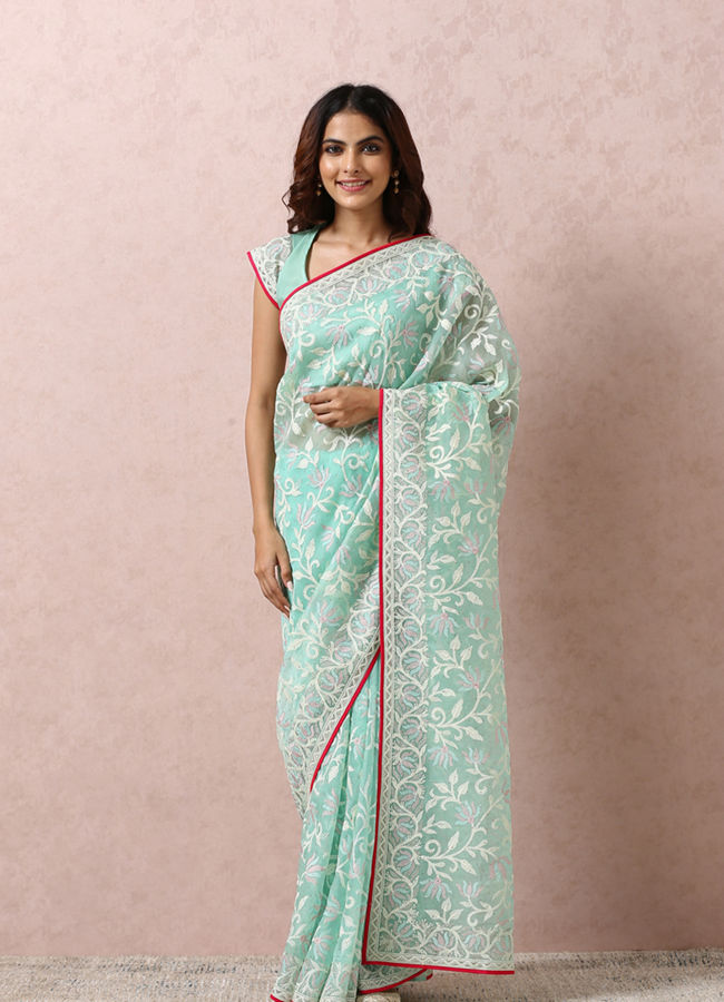 Mohey Women Sea Green Embroidered Saree image number 0