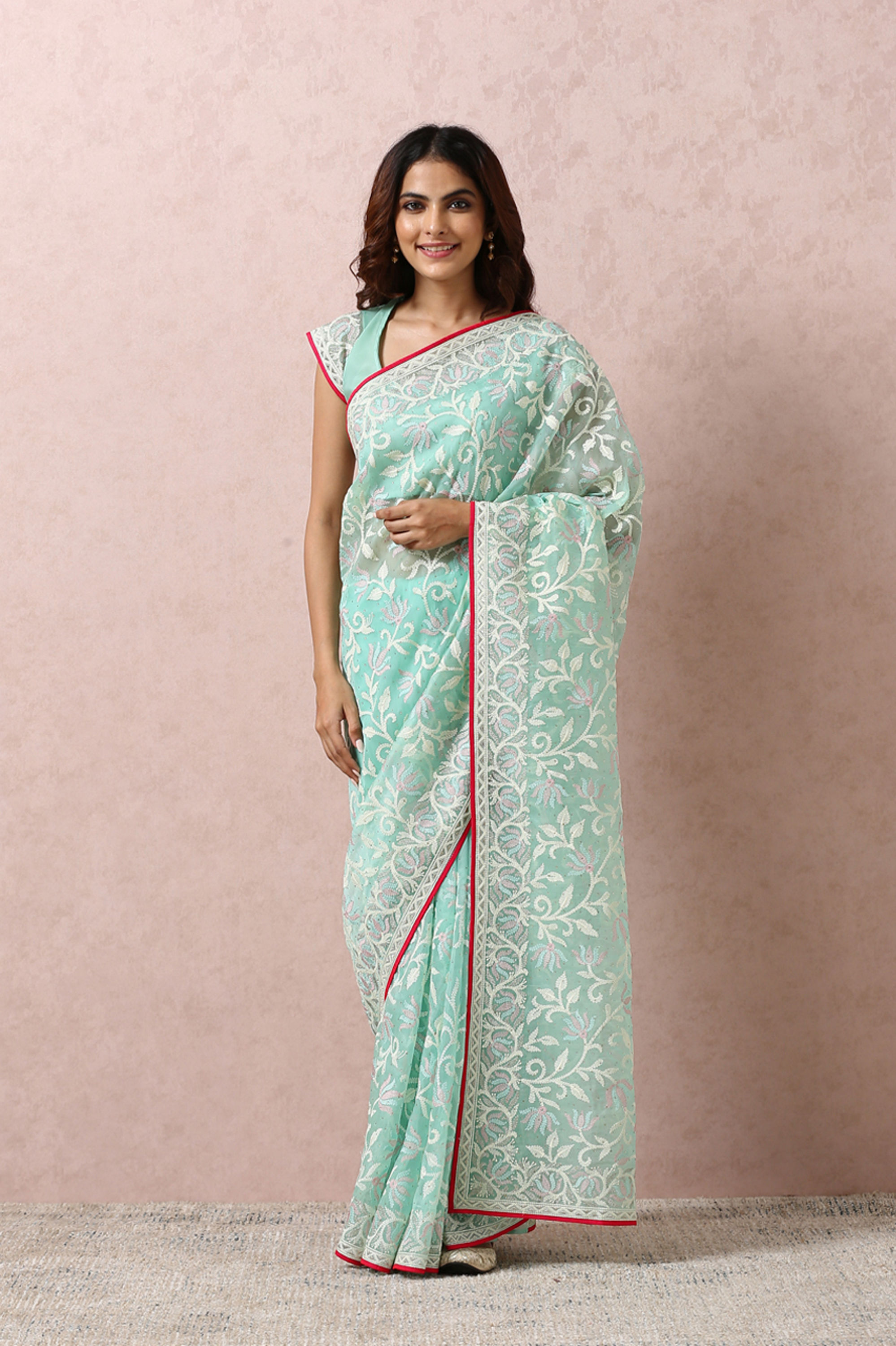 Mohey Women Sea Green Embroidered Saree