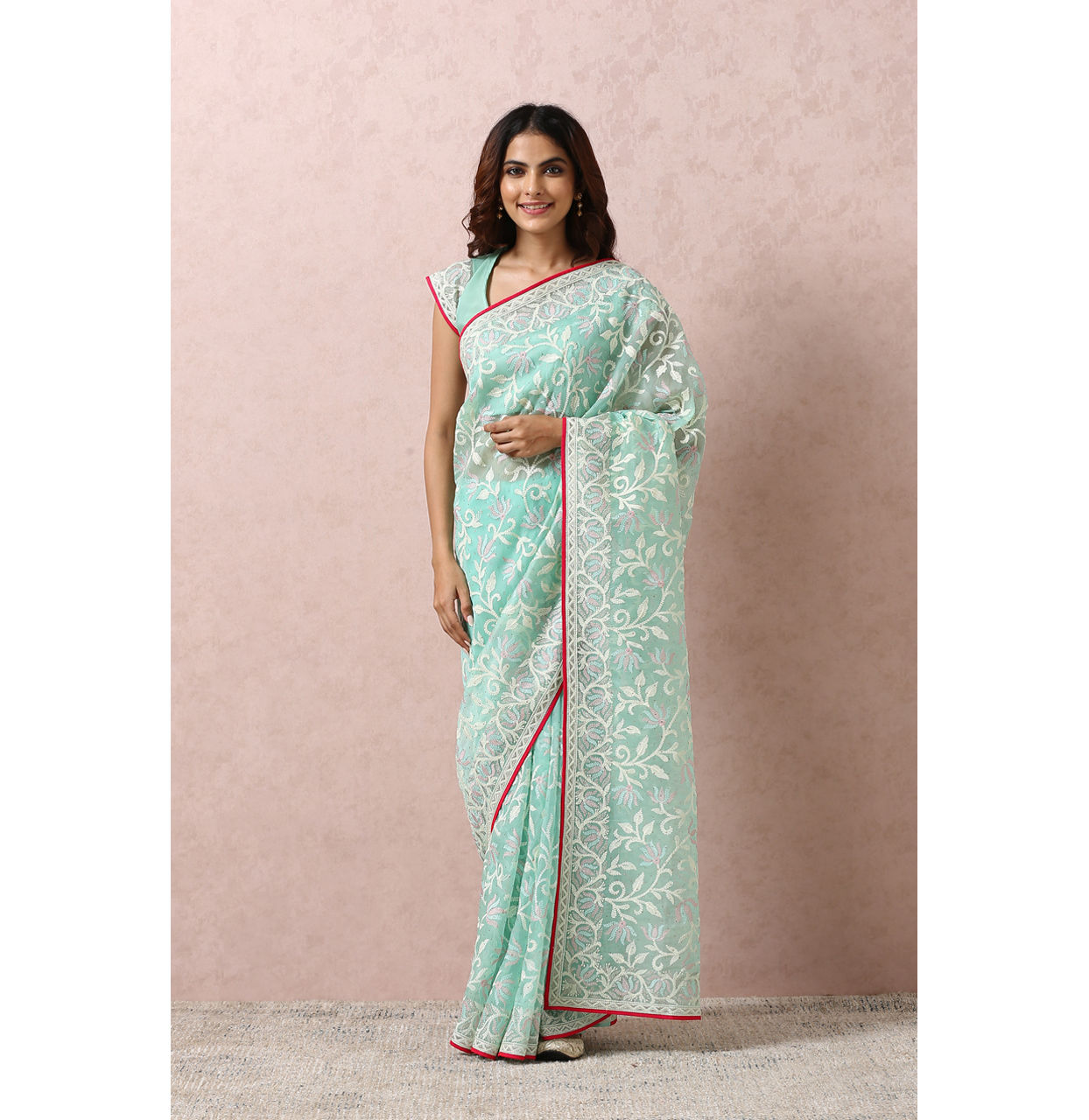 Mohey Women Sea Green Embroidered Saree image number 0