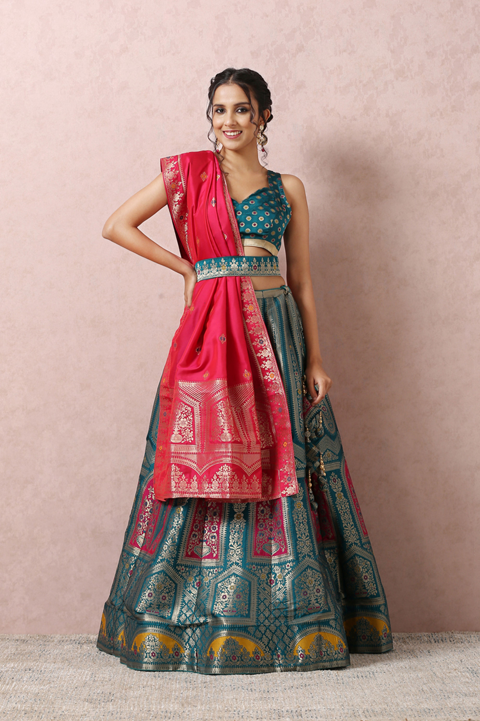 Mohey Women Rama Green Printed Benarasi Lehenga