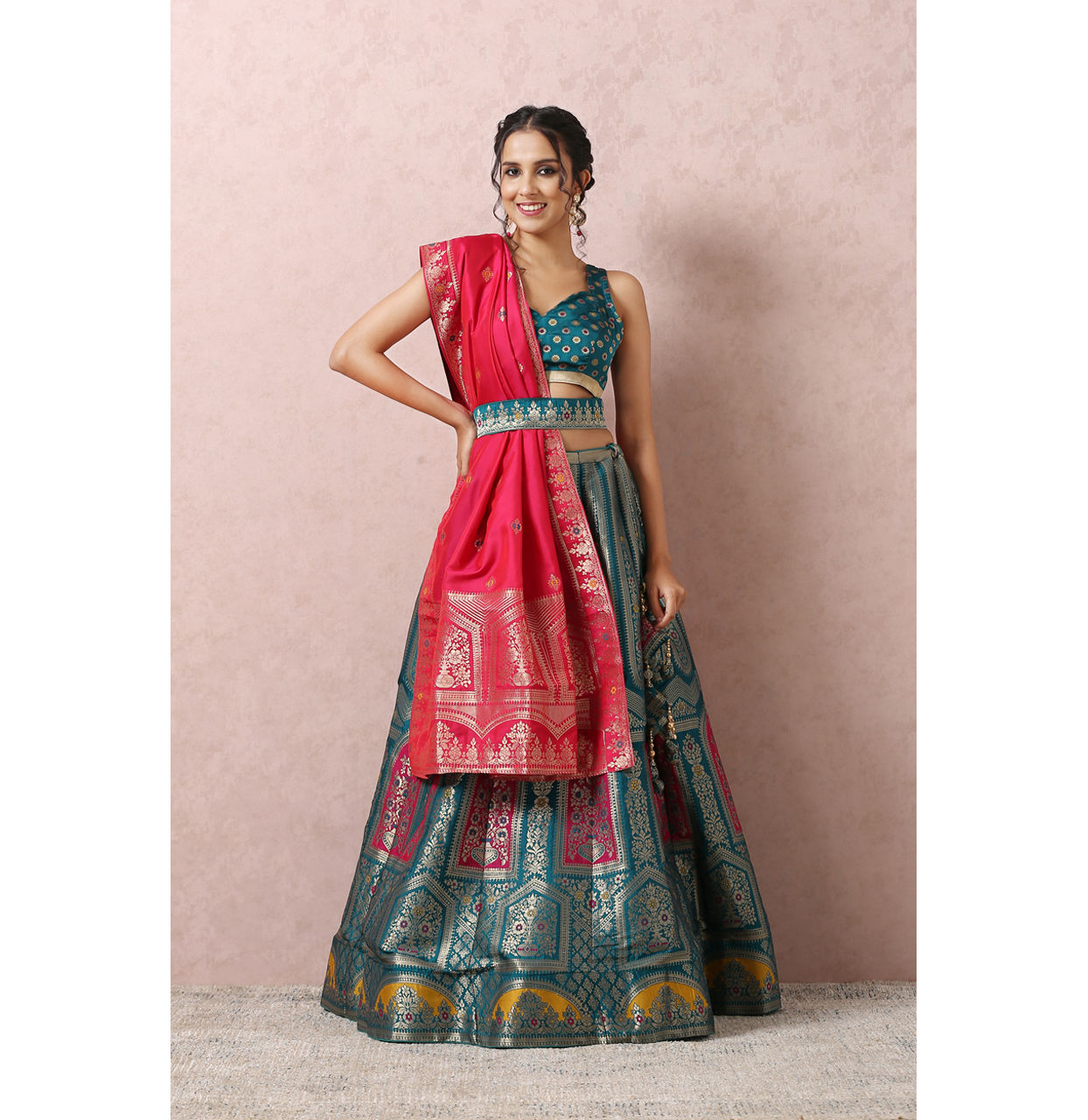Mohey Women Rama Green Printed Benarasi Lehenga