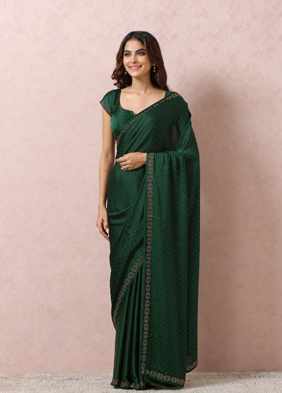 Mohey Women Bottle Green Satin Saree With Stone Embellishment