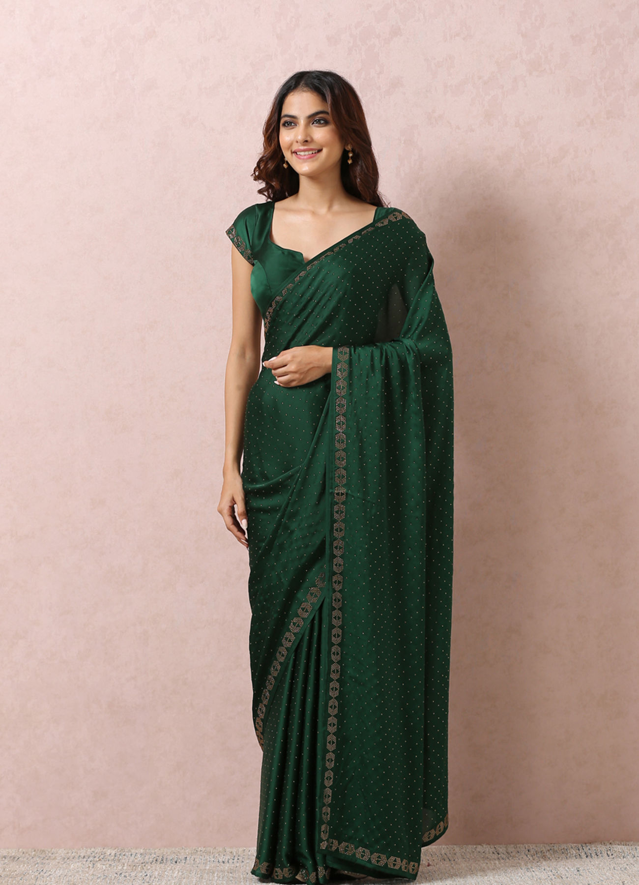 Mohey Women Bottle Green Satin Saree With Stone Embellishment