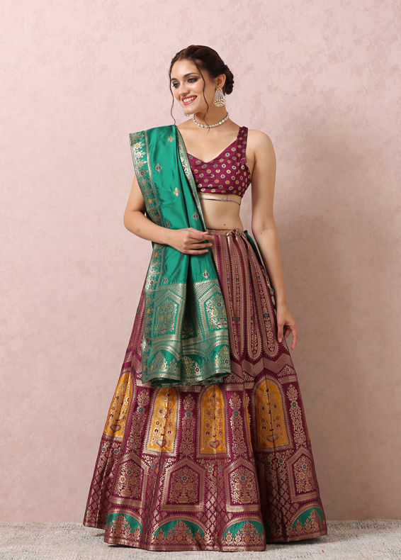 Mohey Women Wine Zari Weaved Benarasi Lehenga