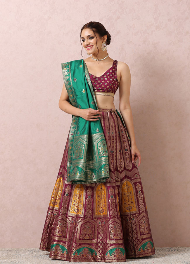 Mohey Women Wine Zari Weaved Benarasi Lehenga image number 0