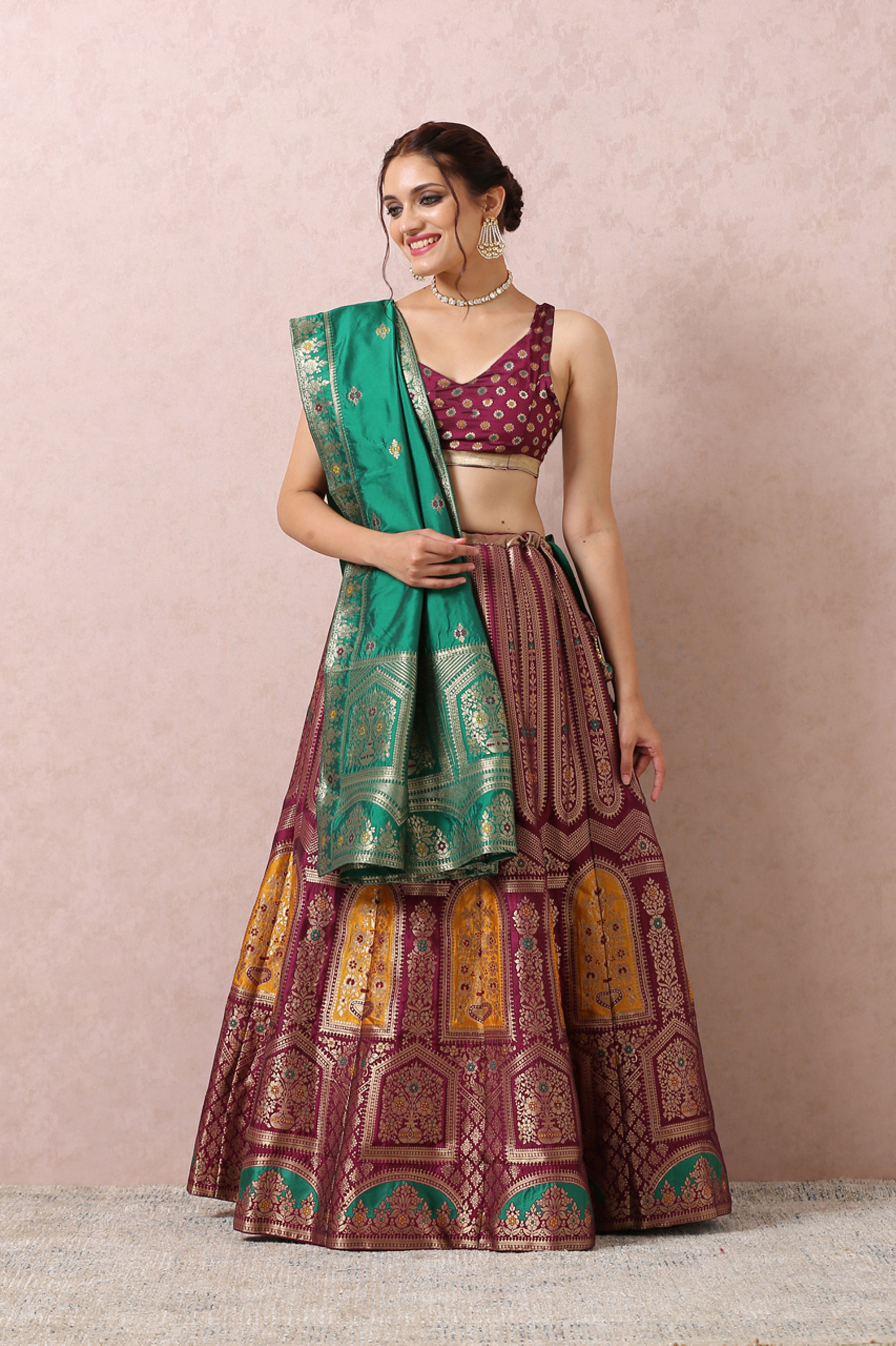 Mohey Women Wine Zari Weaved Benarasi Lehenga