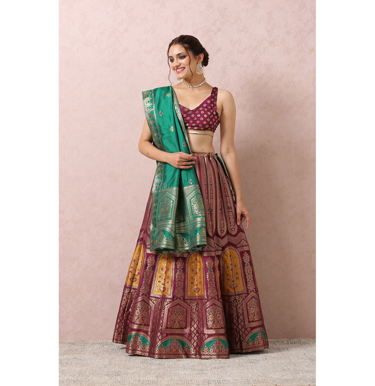 Mohey Women Wine Zari Weaved Benarasi Lehenga
