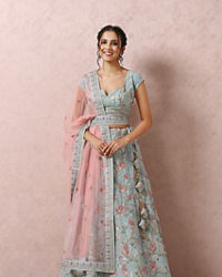 Mohey Women Light Blue Bridal Floral Lehenga