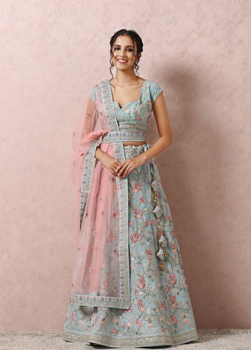Mohey Women Light Blue Bridal Floral Lehenga