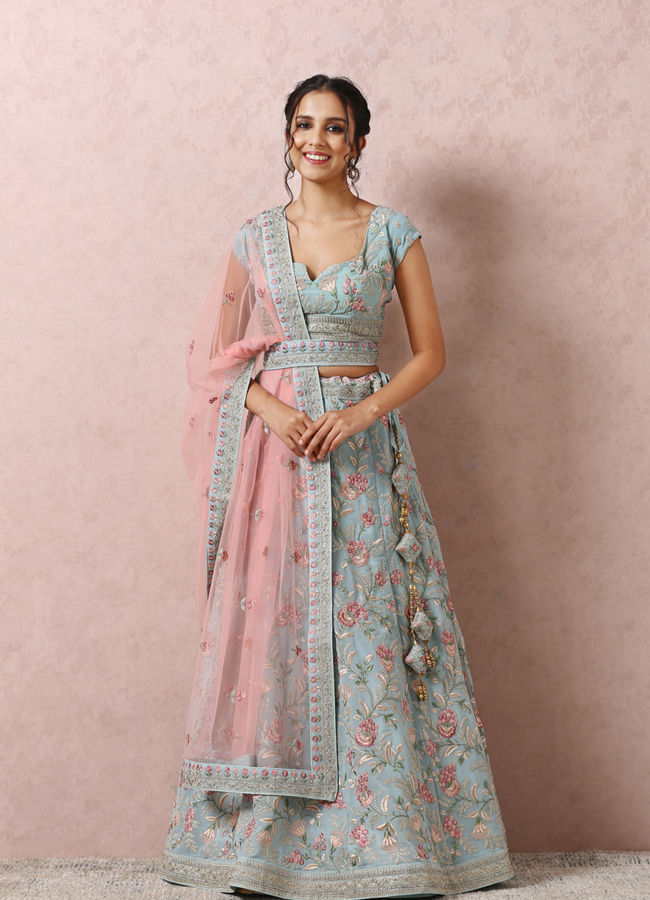 alt message - Mohey Women Light Blue Bridal Floral Lehenga image number 0