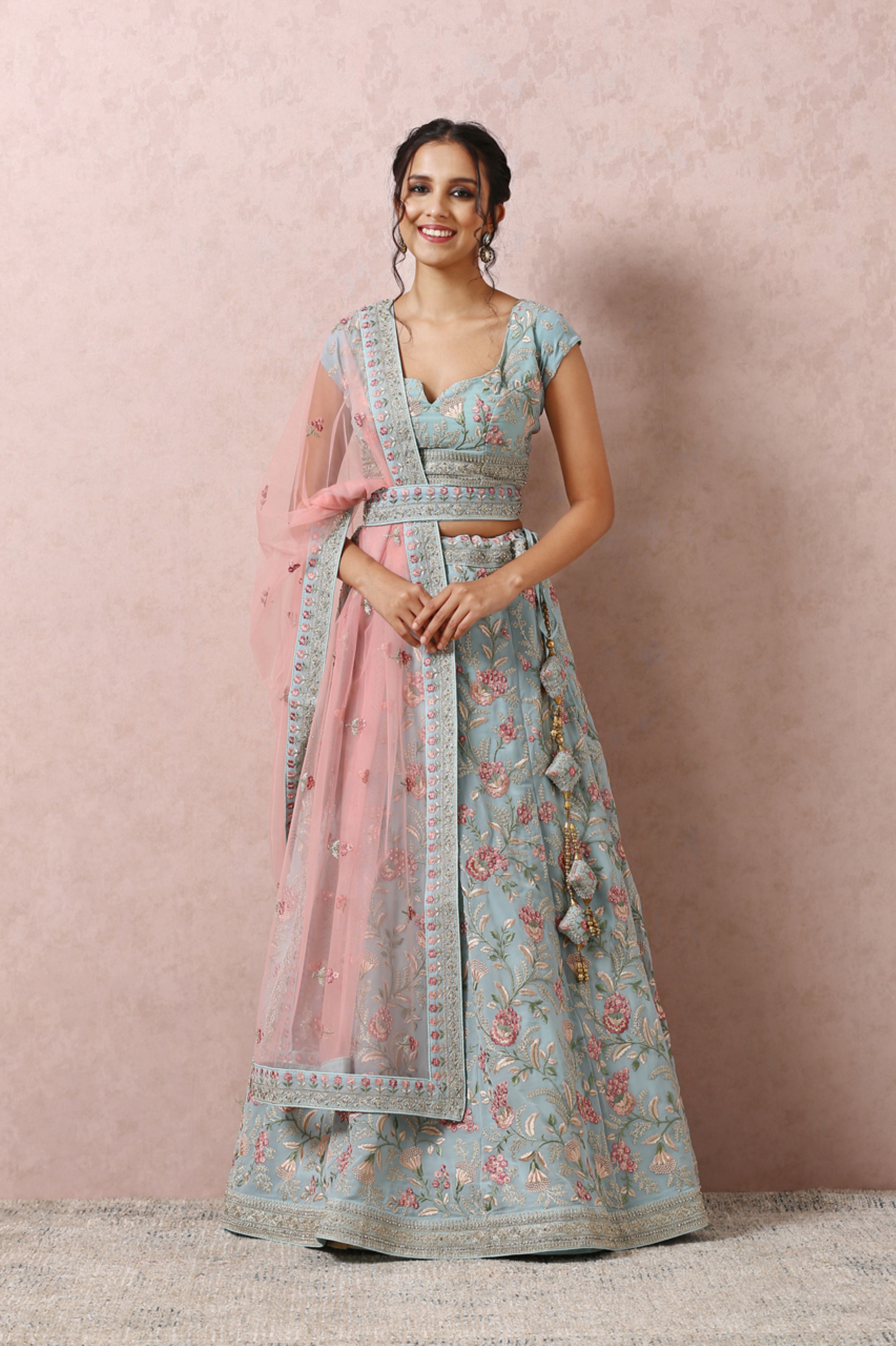 Mohey Women Light Blue Bridal Floral Lehenga