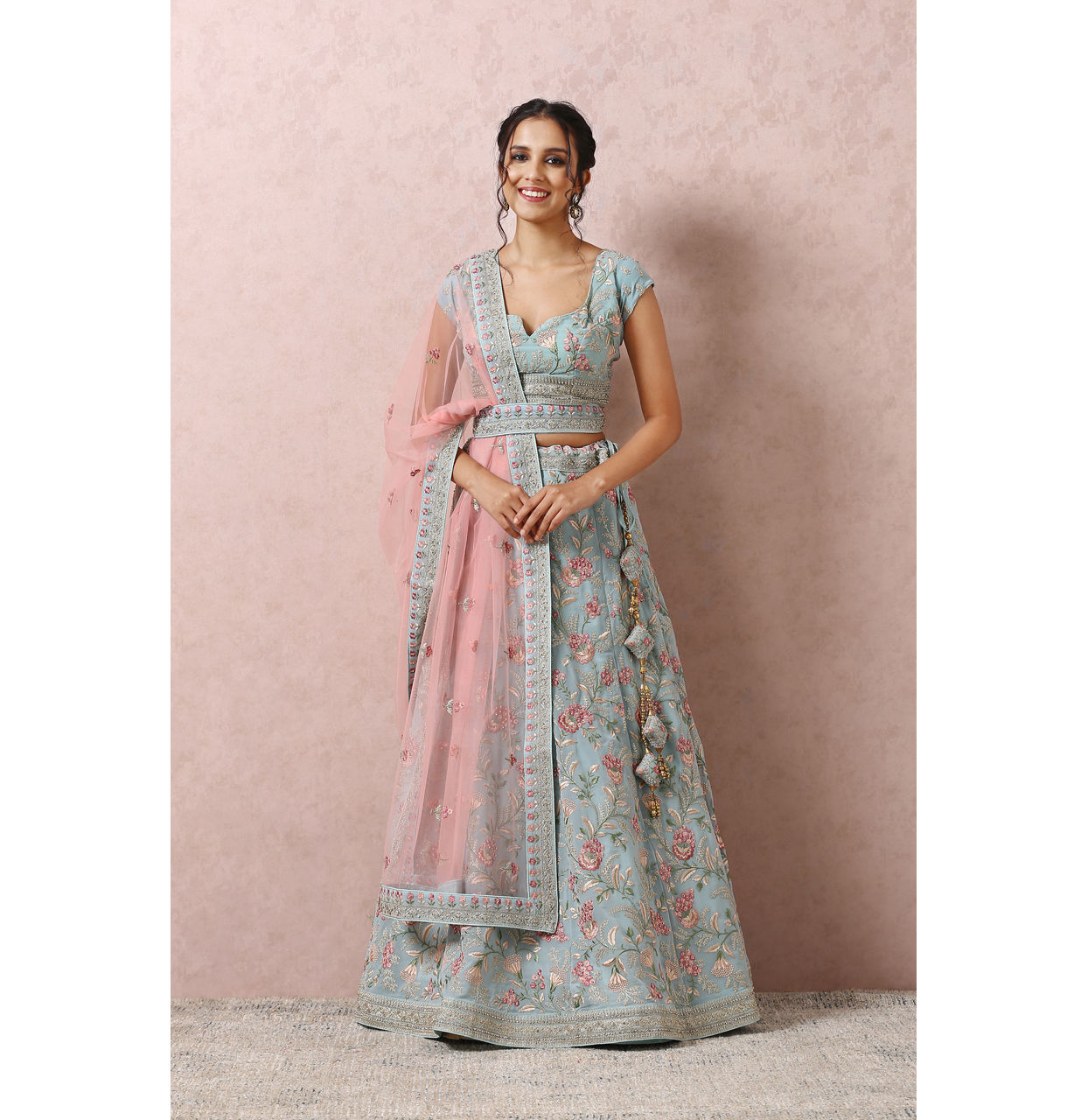 alt message - Mohey Women Light Blue Bridal Floral Lehenga image number 0