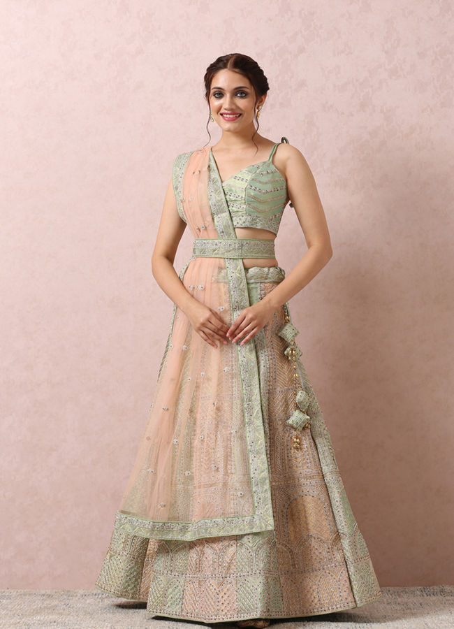 Mohey Women Pista Embellished Bridal Lehenga