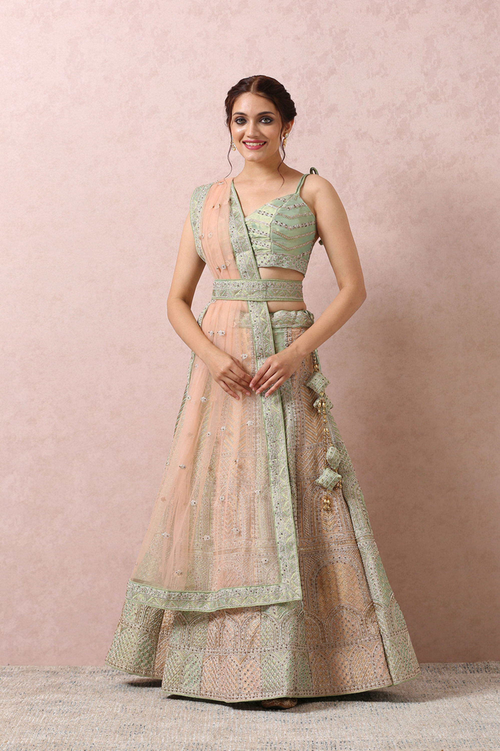 Mohey Women Pista Embellished Bridal Lehenga