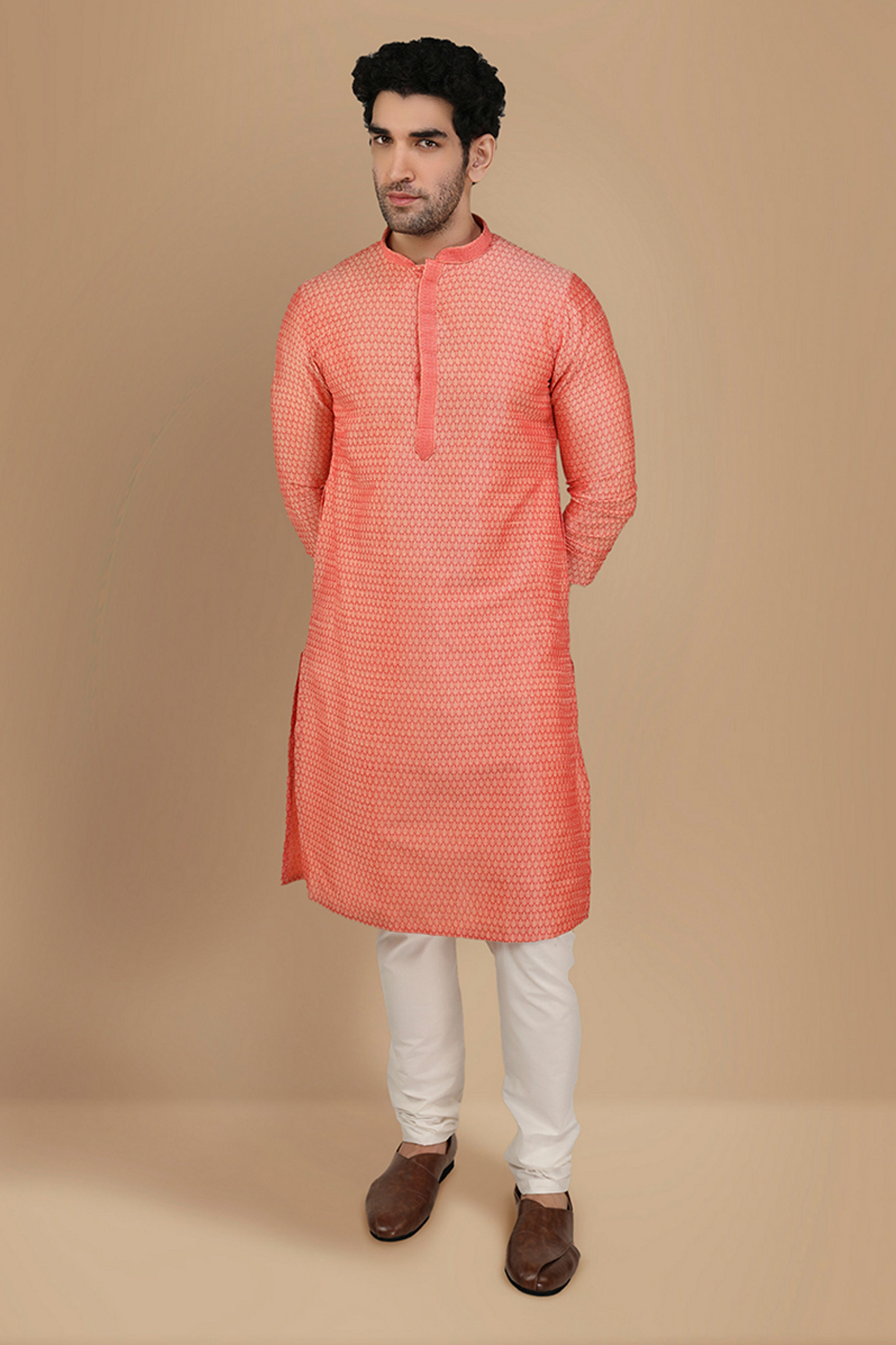 Manyavar Men Rust Pink Self Design Kurta Set