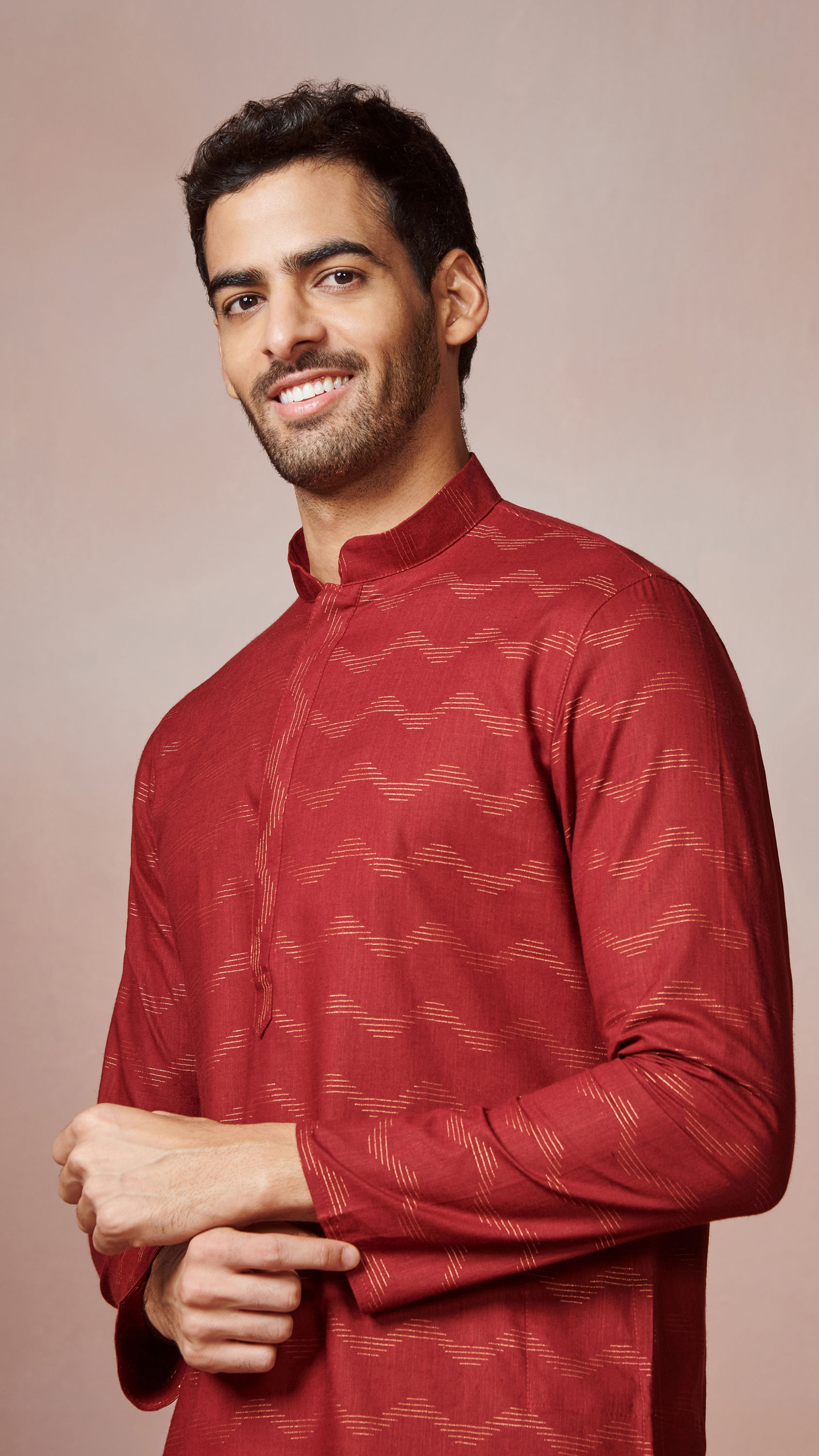 Manyavar Men Maroon Wave Patterned Printed Kurta