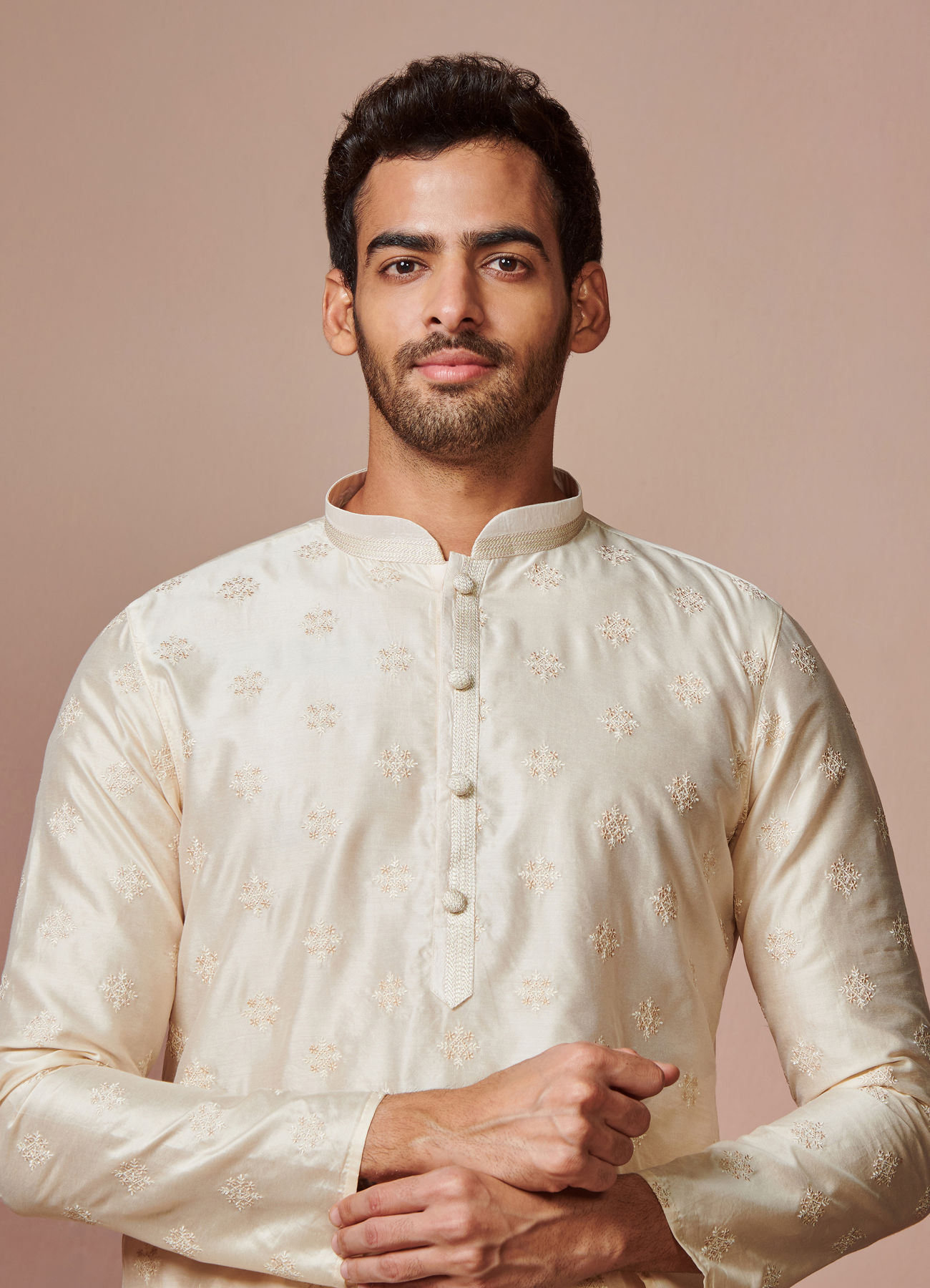 Manyavar Men Cream Self Motifs Kurta Set