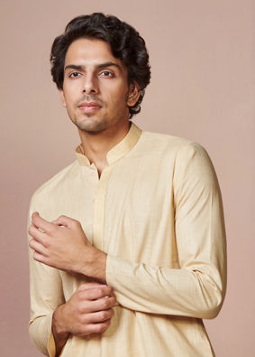 Manyavar Men Biscuit Plain Cotton Kurta With Embroidered Collar image number 0