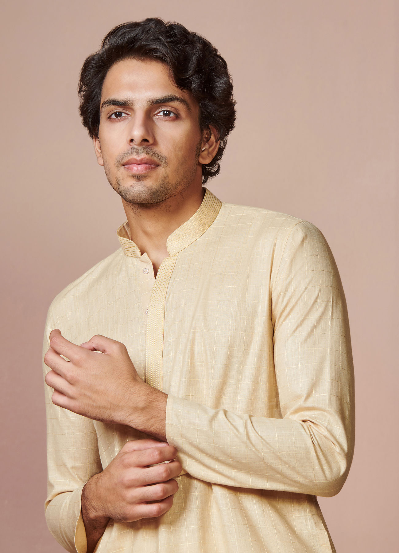 Manyavar Men Biscuit Plain Cotton Kurta With Embroidered Collar