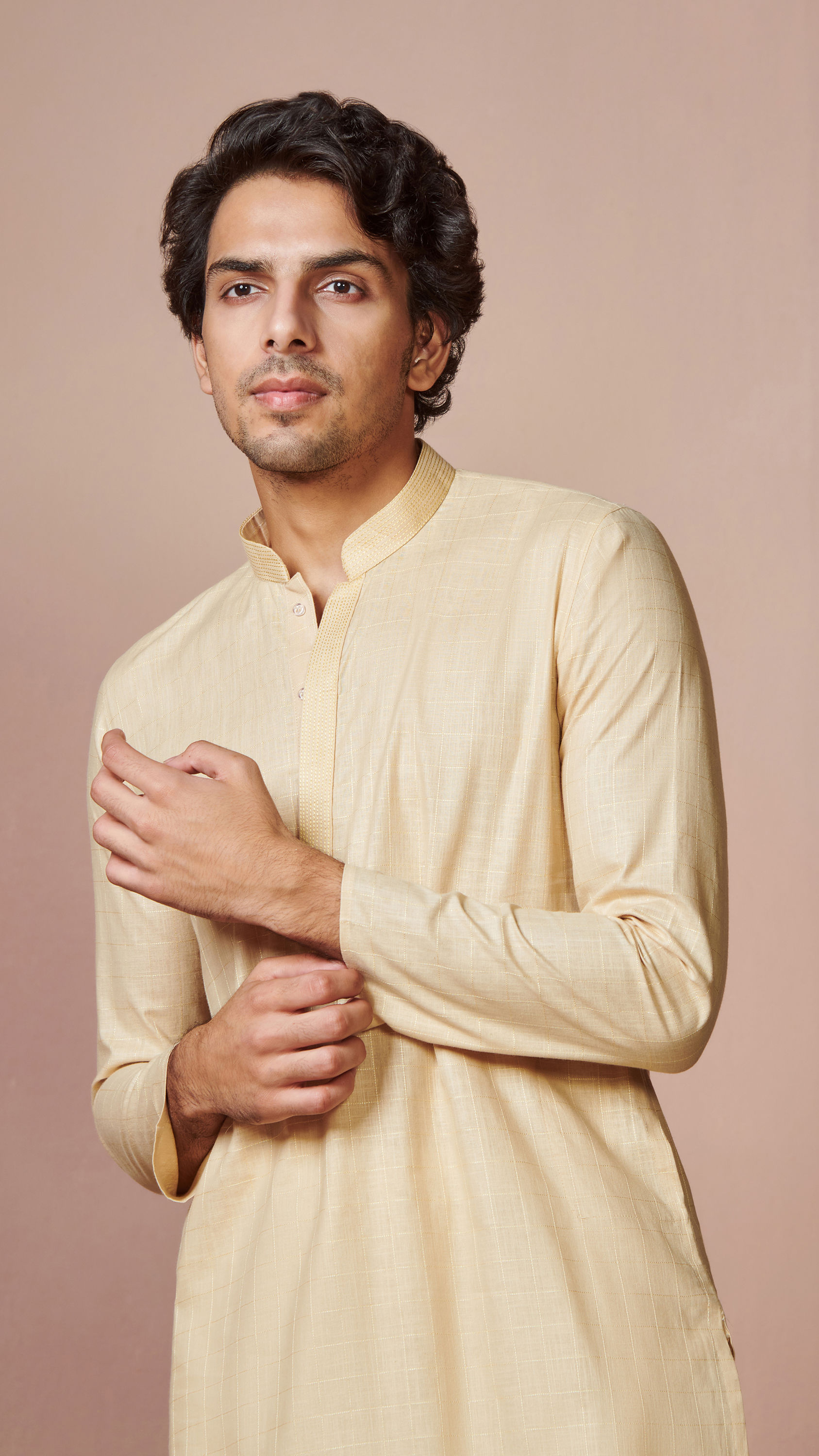 Manyavar Men Biscuit Plain Cotton Kurta With Embroidered Collar