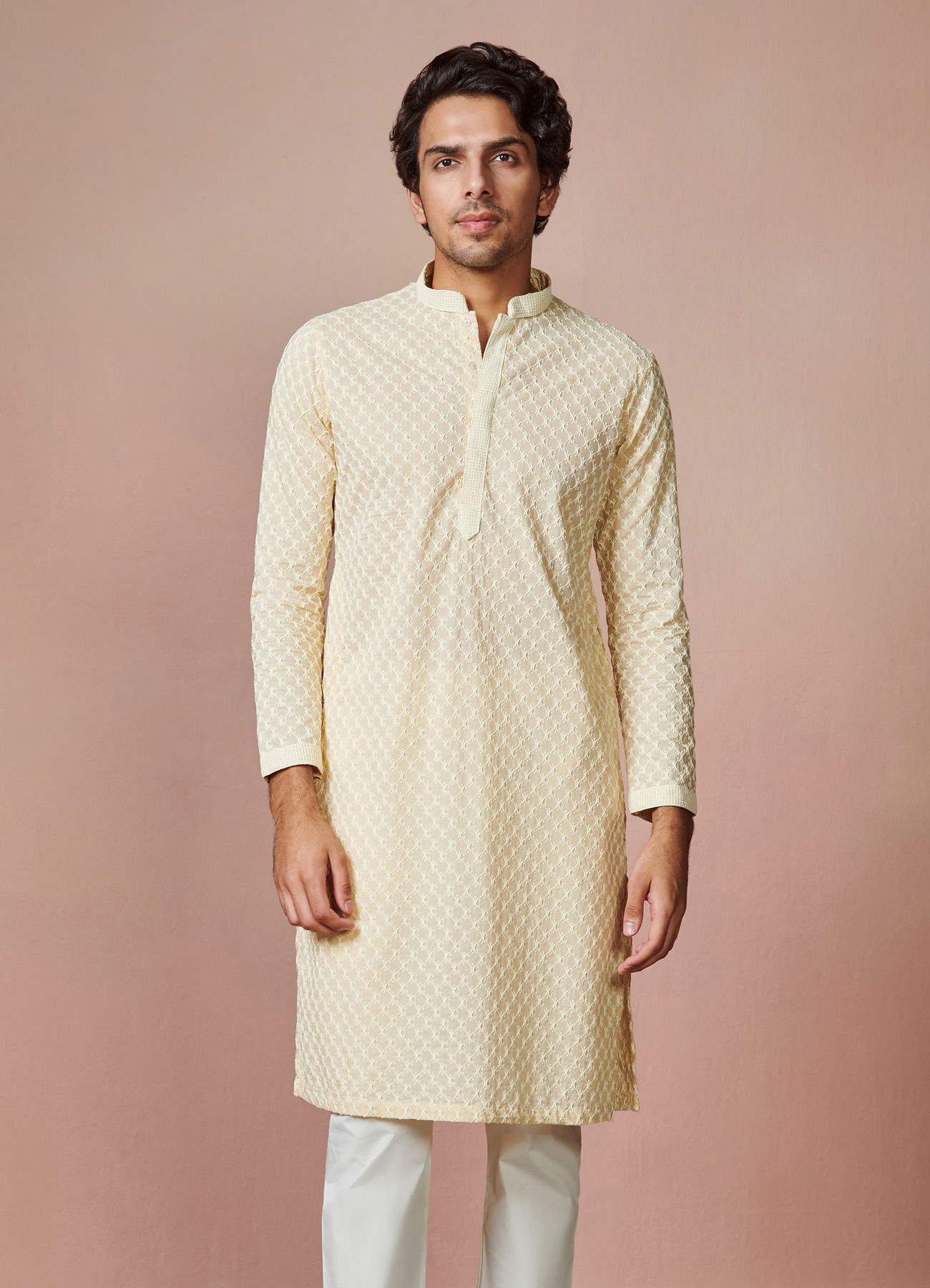 Manyavar Men Biscuit Chikankari Cotton Kurta