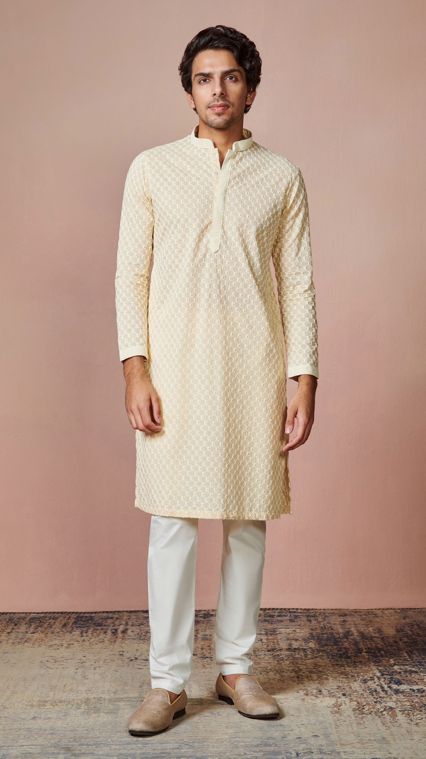 Manyavar Men Biscuit Chikankari Cotton Kurta