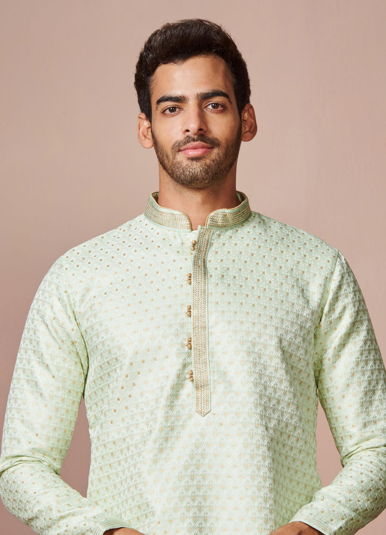 Manyavar Men Mint Green Golden Motif Kurta Pajama