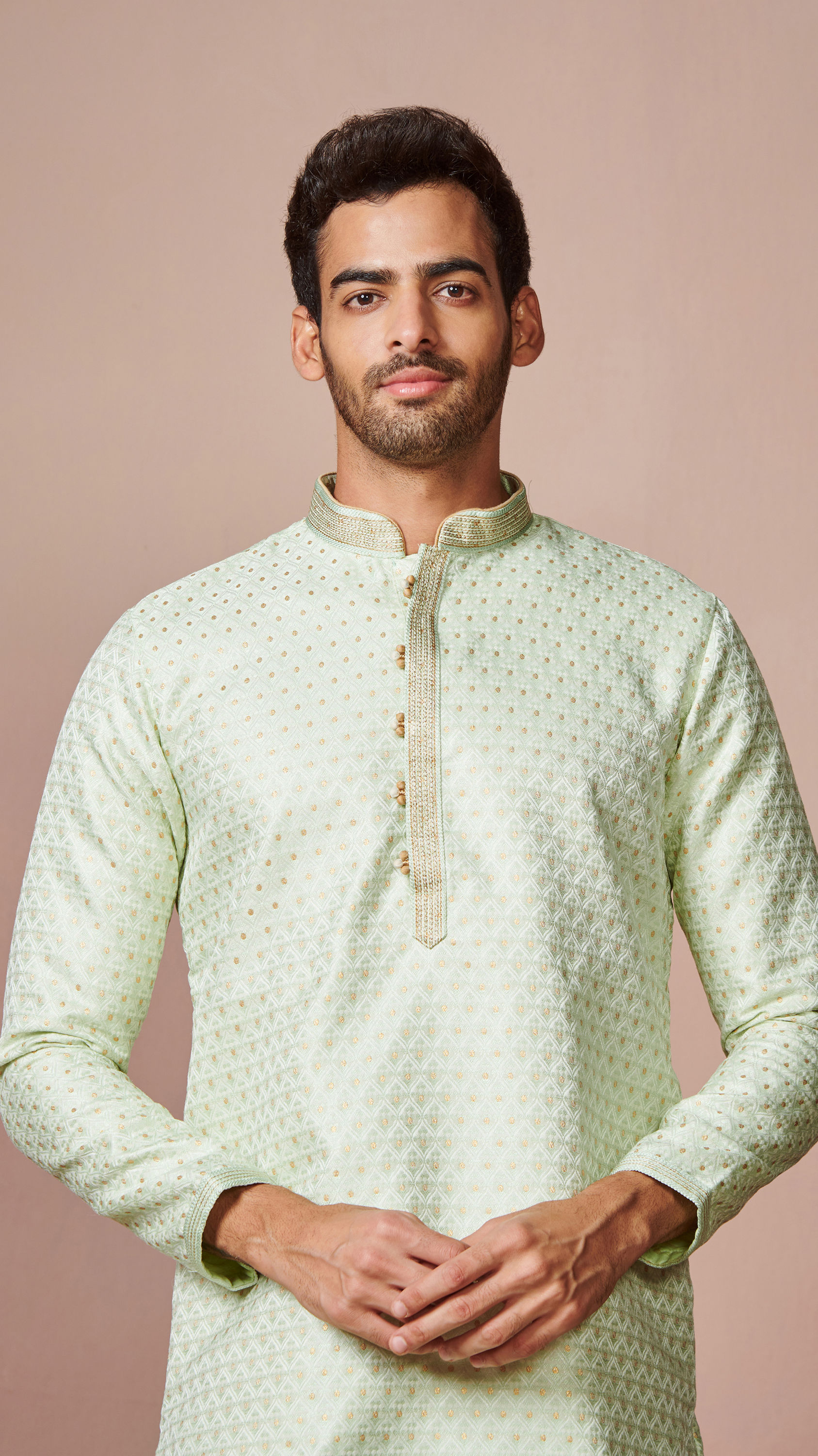 Manyavar Men Mint Green Golden Motif Kurta Pajama