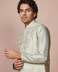 Manyavar Men Grey Kurta Jacket Set With Self Design