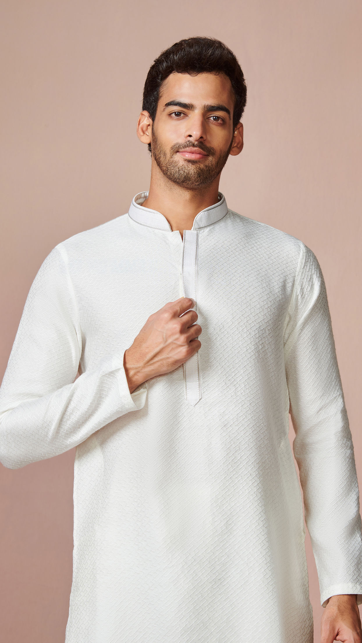 Buy Light Cream Jacquard Kurta Online in the USA Manyavar Kurta