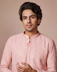 Manyavar Men Rani Pink Chikankari Kurta Set