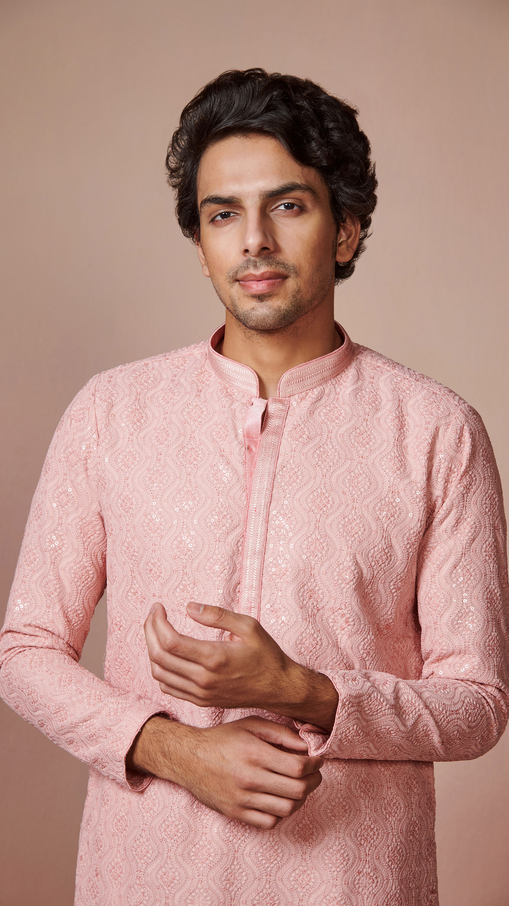 Manyavar Men Rani Pink Chikankari Kurta Set