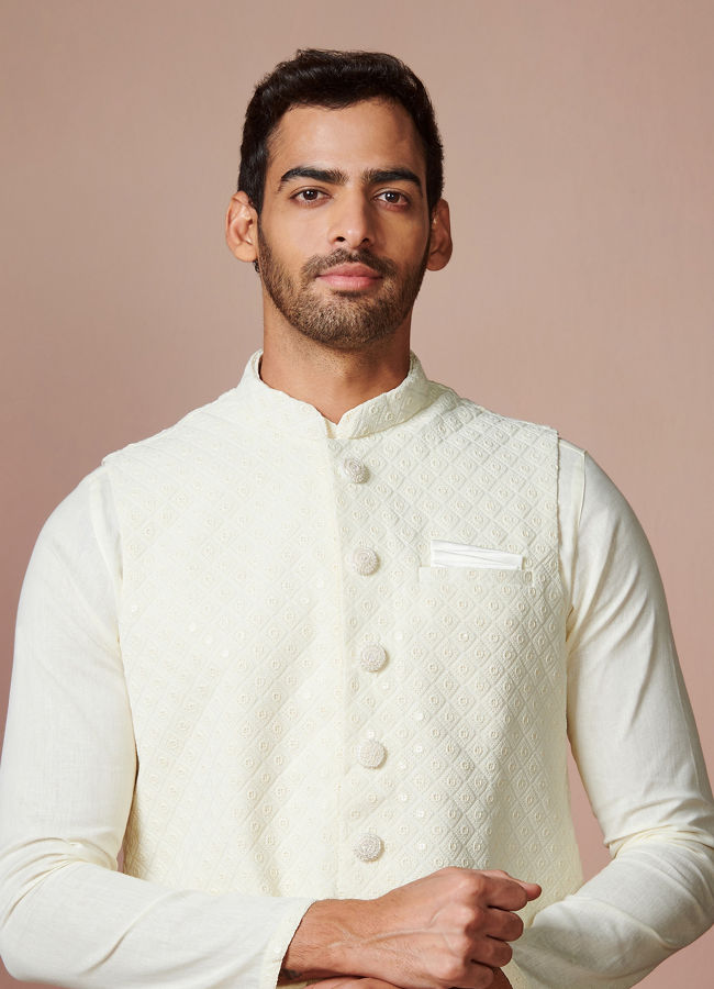 alt message - Manyavar Men Sesame White Self Design Kurta Jacket Set image number 0