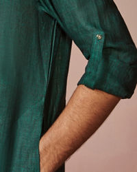 Manyavar Men Bottle Green Self Striped Kurta
