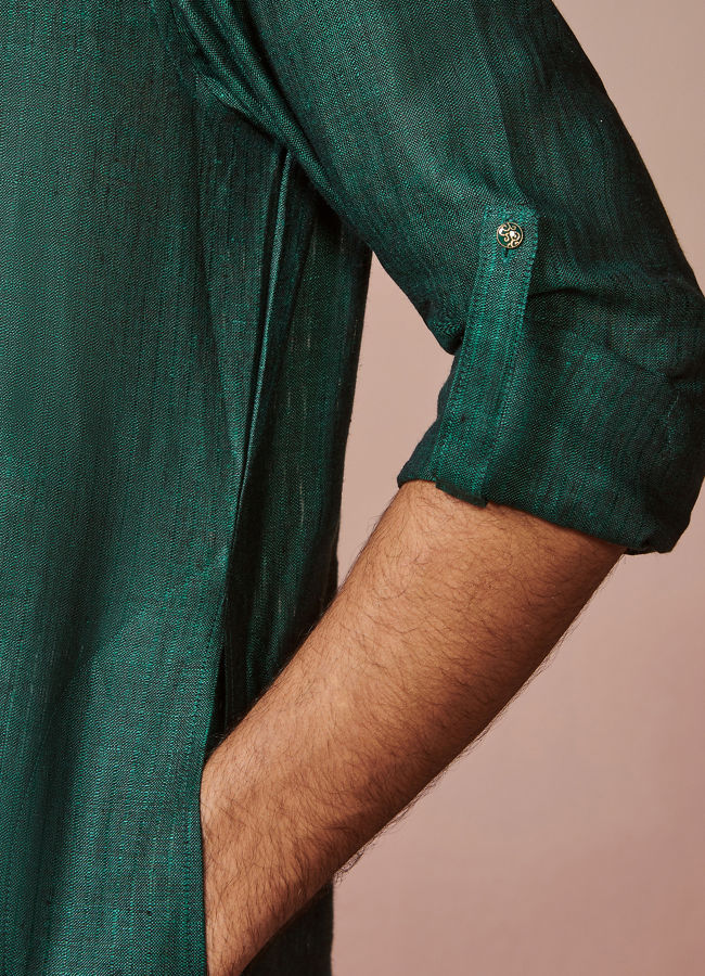 Manyavar Men Bottle Green Self Striped Kurta
